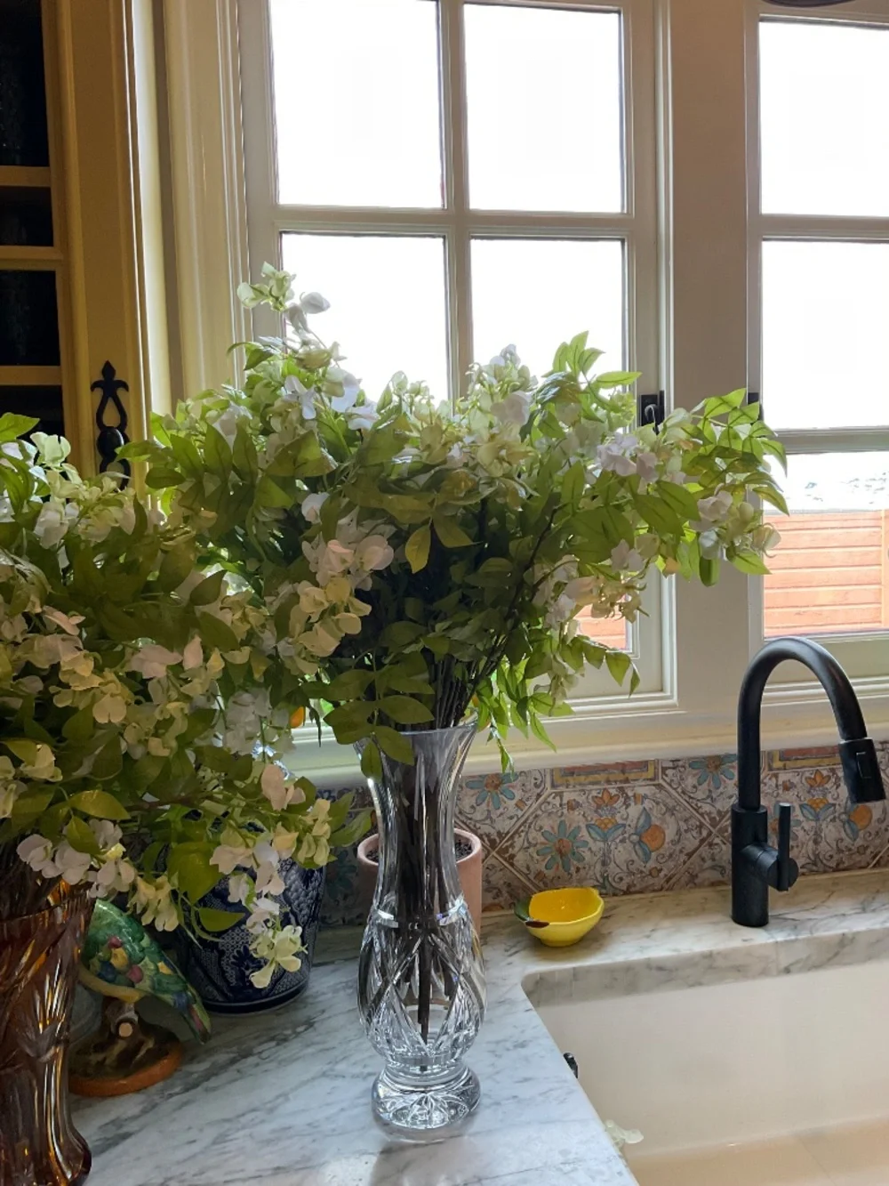 Pair of faux white large scale floral bouquets, flowers only
